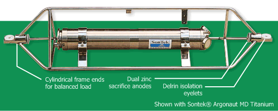 Dual zinc sacrifice anodes. Cylindrical frame ends for balanced load. Delrin isolation eyelets. Shown with Sontek® Argonaut MD Titanium.