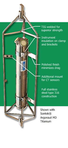 Full stainless steel type 316 construction. TIG welded for superior strength. Instrument insulation on clamp and brackets. Polished finish minimizes drag. Additional mount for Current/Temperature (CT) sensors. Shown with Sontek® Argonaut MD Titanium.